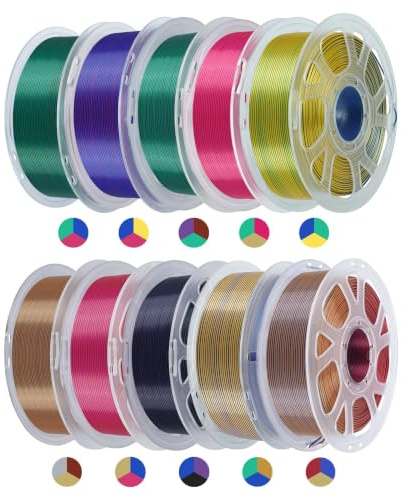 KINGROON filament PLA Silk 1,75 mm, 10 x 1 kg, soit 10 kg au total, tolérance ±0,02 mm, brillance soyeuse et rendu décoratif, pour créations visuelles, lot de 10 bobines tricolores