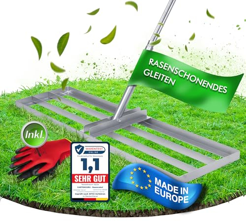 GartenGuru® [100x30cm] XXL Rasenrakel [LANGLEBIG & ROBUST] - inkl. 1,4m Stiel aus Metall - Rasenrechen aus hochwertigem legiertem Stahl - Rasen Rakel für die perfekte Rasenpflege - Lawn Leveling rake