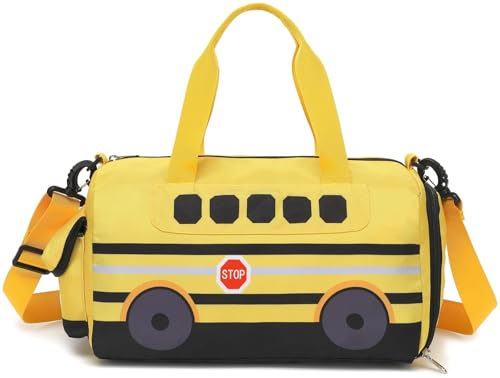 Kinder-Reisetasche für Jungen, wasserabweisend, kleine Sporttasche, Übernachtung, Wochenend-Reisetasche, mit Schuhfach und Nassfach, Schulbus gelb