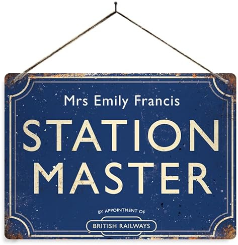 Personalised Station Master - Blue. Small metal sign with 2 holes and twine. Train Platform Steam Any name