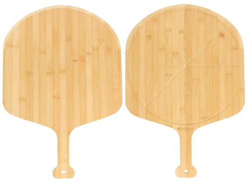 16 inch Natural Bamboo Pizza Peel Set of 2, Double-Sided Use Pizza Cutting Board with 8 Slice Grooves for Pizza, Bread, Cheese, Vegetable, Fruits