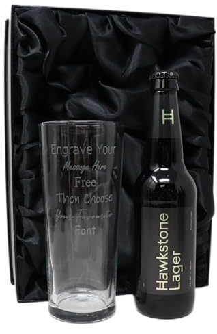 Regalo Personalised Engraved Pint Glass & Beer/Cider Gift Set in Silk Lined Gift Box for Birthday, Christmas & Father's Day (Silk Lined Gift Box, Hawkstone Premium Lager 4.8% vol)