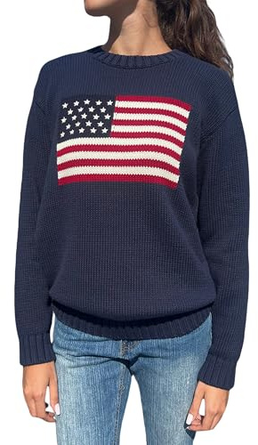 Felcia Women Y2K Vintage Oversized Sweater Long Sleeve Crew Neck USA Flag Knit Pullover American Flag Chunky Cable Preppy Knitwear Top (Navy Blue C, L)