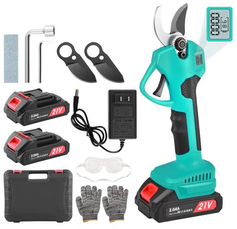 Troncarami a batteria 0-40 mm, potatura elettrica da 1280 W, 3 lame SK7 sostituibili e 2 batterie da 21 V, 2000 mAh, cesoie elettriche con display LCD e motore senza spazzole