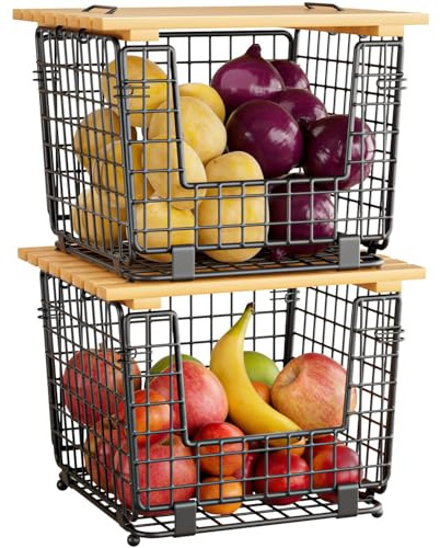 Wire Storage Basket for Kitchen Pantry: Stackable Kitchen Counter Organizers - Wire Organizing Bin for Produce Vegetable Potato and Onion Black