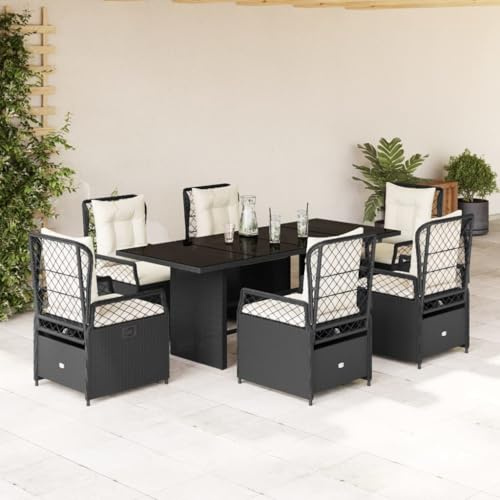 IKAYAA Rattan Essgruppe für 6 Personen, Rattan Gartenmöbel Essgruppe mit Tisch Glas und 6 Verstellbare Hochlehner Stühlen, Garten Sitzgruppe für Terrasse und Balkon, inkl. Sitzkissen Schwarz