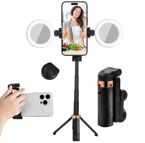 Mini Bastone Selfie Stick, Bluetooth treppiede per smartphone con telecomando staccabile, Ruotabile a 360° Treppiede Estensibile Con 2 luci di riempimento per iPhone Samsung e Android smartphone