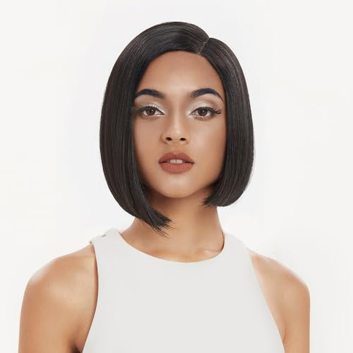 NOBLE Bob Wig Short Straight Synthetic Wig with Side Part Blunt Cut T-Lace Short Wig 10 Inch Side Part Black Wigs for Women Daily Wear