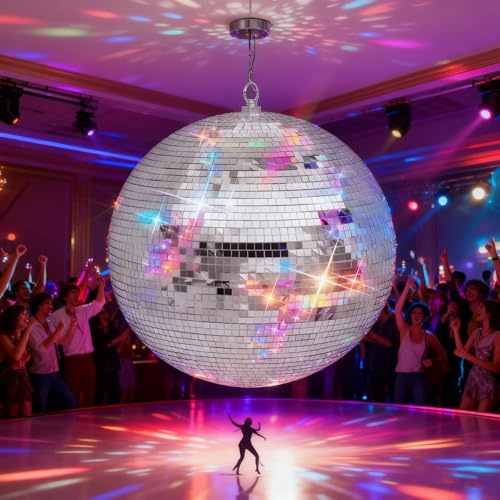 Masiunoz 16 inch Silver Disco Ball, Hanging Mirror Ball, Wedding Decoration Disco Light Ball,Stage Lighting Effect,12/16/20/24 inch Home Stage and Bar Glittering Decoration (16inch)