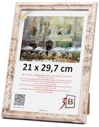 3-B Bilderrahmen MORI - Vintage-Weiß (Rustical mit sichtbarer Holzmaserung) - 21x29,7 cm (A4) - Holzrahmen, Fotorahmen, Dokumentenrahmen mit Acrylglas