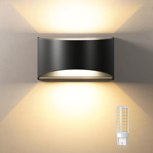 Uwithm Wandleuchte Innen Schwarz mit Austauschbarer G9 LED lampe Warmweiß 3000K,Aluminium LED Wandleuchte Innen/Aussen,Aussenbeleuchtung für Wohnzimmer Garten,IP65 Wasserdichte Wandlampe(1 Stück)