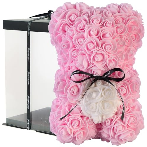 infactory Rosenbär mit Box: Rosenbär aus künstlichen Rosen, pink, mit Geschenkbox (Rosen Teddybär für Muttertag, Rose)