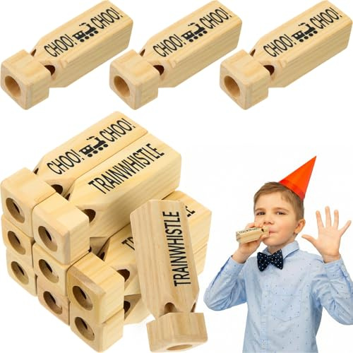 Soulchen 12 Pcs Wooden Train Whistles Kids Bulk Wood Train Whistle Toys for Trains Party Favors Birthday Decor Game Noisemakers Goodies Bag Filler Game Prizes Stocking Stuffer (3.9 x 1.2 x 1.2 Inch)
