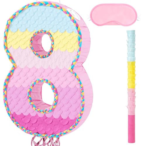 WERNNSAI Zahl 8 Pinata– Regenbogen Zahlen Geburtstag Jubiläum für Party | Rosa Zahl 8 Piñata für Damen mit Zubehör, Geburtstagsparty Dekoration & Geburtstagsdeko, Hängende Festliche Deko