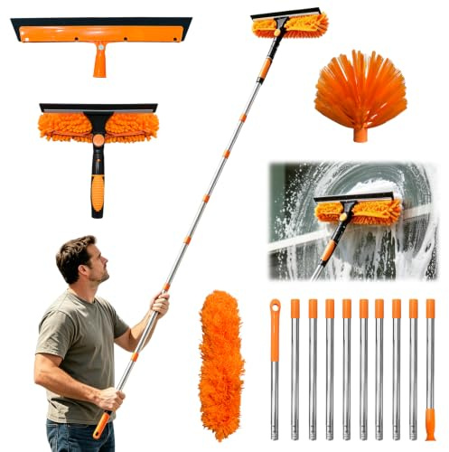 Fensterreiniger Set mit Teleskopstiel, Staubwedel Teleskop Stange 4.3M, Profi Spinnwebenbesen, Staubwischer und 2 in1 Fensterwischer für Bad, Dusche, Fenster, Glas, Spiegel, Auto