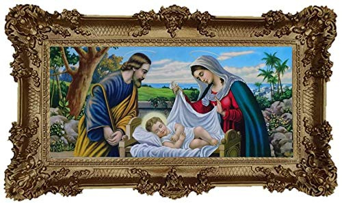 Lnxp Barock Repro gerahmtes Gemälde mit Ornamentverzierungen, Motiv Jesus Maria Josef Sacra Familie Ikonen Bild, Gold, 96x57 cm, für die Küche und das Wohnzimmer