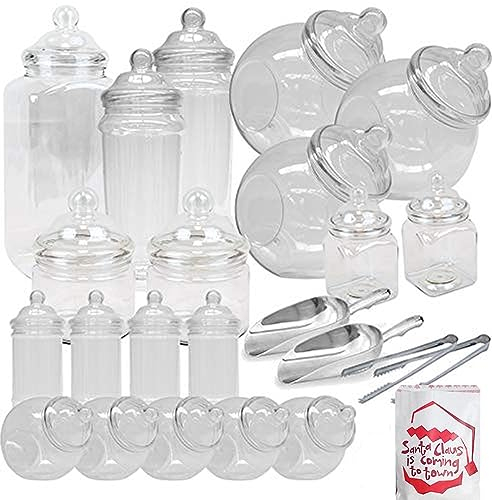 Kit di 19 barattoli in stile vintage vittoriano per dolci e caramelle, per negozi, buffet, feste, con 2 palette, 2 pinze e 100 sacchetti Babbo Natale sta arrivando a città.