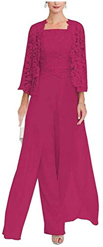 Vestido de gasa de 3 piezas para mujer, traje de madre de la novia, pantalones con chaqueta de cuentas, traje de boda, vestido de noche, fucsia, 48