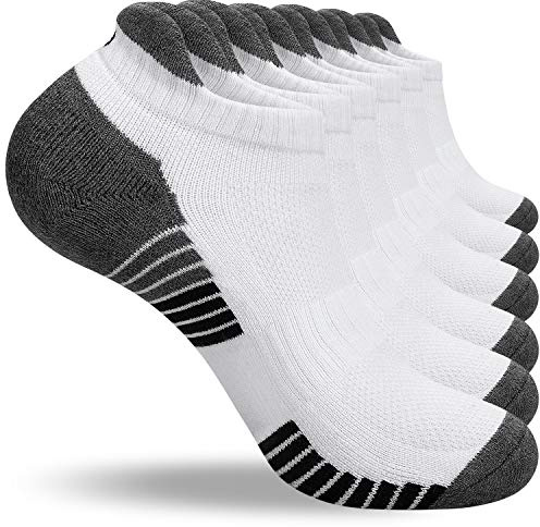 coskefy Running Socks Cushioned Sports Socks Ankle Socks Trainer Socks for Men Women Ladies Cotton Low Cut Athletic Socks (6 Pairs), 9/12/2020, White(m04)