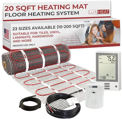 LuxHeat 20sqft Floor Heating Mat Kit - 120v in Floor Heating System - Complete Electric Radiant Heated Flooring System Includes Alarm, UDG Programmable Thermostat w/GFCI & Flooring Sensor