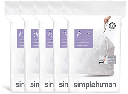 simplehuman Code D 100 Liners, 50% Recycled Custom Fit Bin Bags in Dispenser Packs, Durable Drawstring Tie Handle, 20L, White