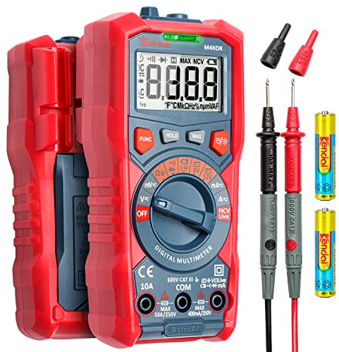 AstroAI Digital Multimeter, Voltmeter Ohmmeter Auto Range 4000 Counts TRMS Strommessgerät mit NCV und LCD-Anzeige und Hintergrundlicht, Rot