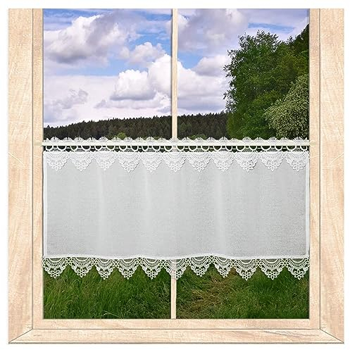 atelier alles-Spitze Landhausgardine Marie aus blickdichtem Feinbatist in 2 Höhen | Weiße Scheibengardine mit Blumenmuster-Spitzenkanten | Höhe x Breite 40 x 80 cm