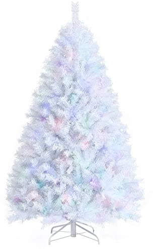 COSTWAY 4FT/5FT/6FT White/Gold Artificial Christmas Tree, Hinged Xmas Pine Trees with Iridescent Branch Tips and Folding Metal Stand for Holiday Decoration
