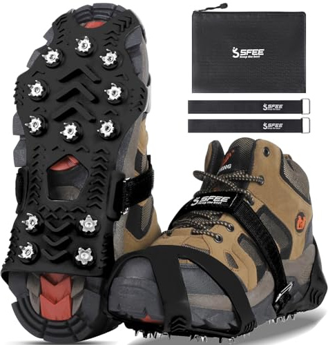 Sfee Crampons for Winter Boots, Upgraded Ice Cleats Stainless Steel Women Men Anti Slip Ice Traction Cleats Grips with Straps, Perfect for Hiking, Walking, Climbing, Ice Fishing(XL)