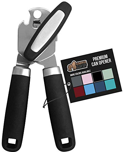 GORILLA GRIP Heavy Duty Handheld Manual Can Opener, Stainless Steel Bottle Lid Openers, Easily Open Cans, Sharp Blade Smooth Edge Cut, Easy Turn Knob for Senior Arthritis Hands, Kitchen Gadgets, Black