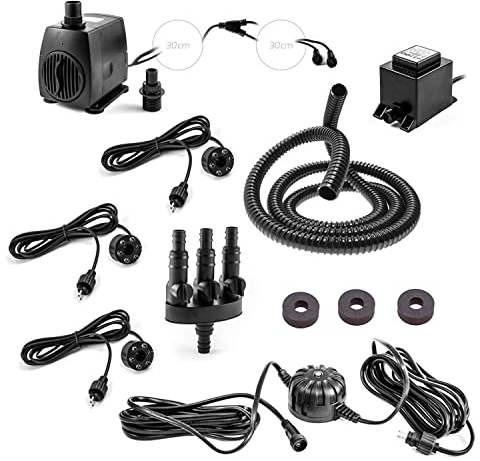 CLGarden Springbrunnenpumpe SP3-SL Set mit 3 neutralweißen LED-Ringen und automatischer Lichtsteuerung, leise Tauchpumpe 1300l/h für Gartenbrunnen, Quellsteine, Zierbrunnen