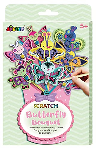 Avenir 6301731 Kratzbilder Bastelset Schmetterlingsstrauß, DIY Kreativset für Kinder ab 5 Jahren, Blumenstrauß selber Machen, Bouquet