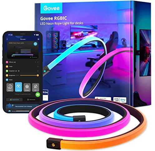 Govee RGBIC Gaming Lights, 10ft Neon Rope Lights Soft Lighting for Gaming Desks, LED Strip Lights Syncing with Razer Chroma, Support Cutting, Smart App Control, Music Sync, Adapter (Only 2.4G Wi-Fi)