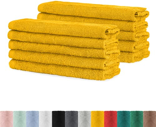 BaSaTex - Handtuch Set für Gäste 10er Pack - Frottee-Handtücher mit Aufhängeschlaufe aus weicher Baumwolle in 30x50cm - Waschtücher für Gäste Öko-Tex Standard 100 Zertifiziert - Mustard Gelb