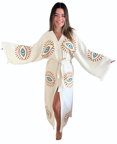 Handmade Evil Eye Kimono - Women Beach Cover Up - Festival Bohemian Robe - Boho Cotton Cardigan - Dressing Gown (Gold Eyes)