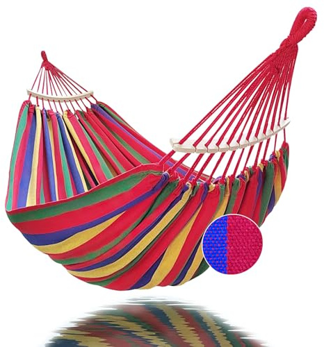 GOCAN Amaca per 2 persone, 220 x 160 cm, lunghezza totale: 330 cm, carico 300 kg, tela e cotone, per esterni, giardino, interno, bambini, balcone, rosso, con barra