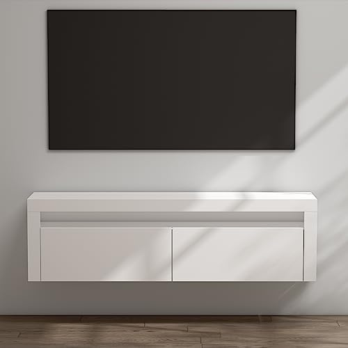 doporro TV Lowboard Schrank 160cm großer Stauraum Hängend Fernsehschrank | TV Board mit Klapptür & offenen Ablagefächern, matt Weiß Wand Fernsehtisch für Fernseher, Wohnzimmermöbel Fernsehschrank01