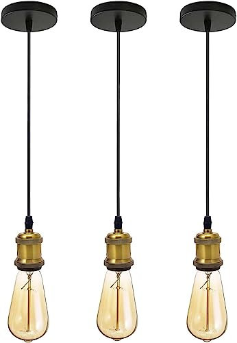 LEDSone 3 Pack Vintage Pendant Light Fitting Modern Retro Industrial Style E27 Lamp Yellow Brass Holder, Black Round Rubber Cable, Black Ceiling Rose, 1m