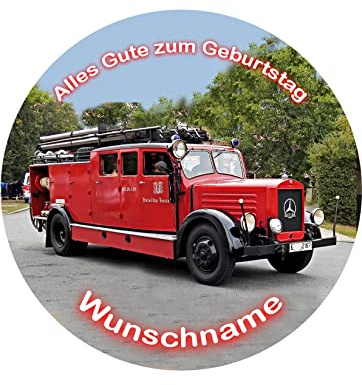 Tortenaufleger mit Wunschname, Feuerwehrauto, Ø 20cm | Feuerwehr, Essbares Foto, Super Qualität, 00503