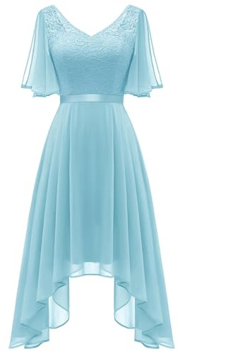 Berylove Damaftonklänningar, kort, elegant, V-ringad, asymmetrisk fåll, swing, cocktailklänningar, slitsad ärm, spetsklänning, Ljusblå, XL