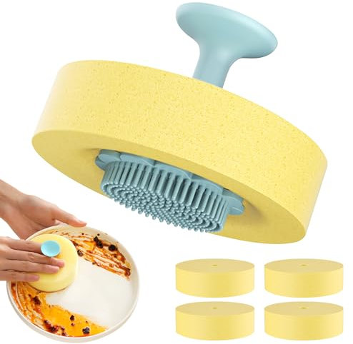 Kitchen Cleaning Brush with 4 Interchangeable Cleaning Sponge, Kitchen Dish Brush with Suction Cup Design, Multifunctional Cleaning Brush for Dishes, Pots, Pans (Green)