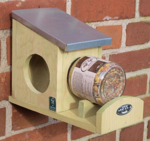 Eichhörnchen Futterhaus Futterstation Holz Zinkblech Erdnussbutter inkl. 1 Glas Futter