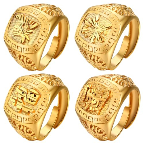 OIDEA Herren Offener Ring Gold: 3/4 Stück Ringe Set Band Siegelring Bandring Vergoldet Wohlstand Reichtum Glück Reich aus Messing Schmuck Vatertag Geburtstag Geschenk für Männer Vater