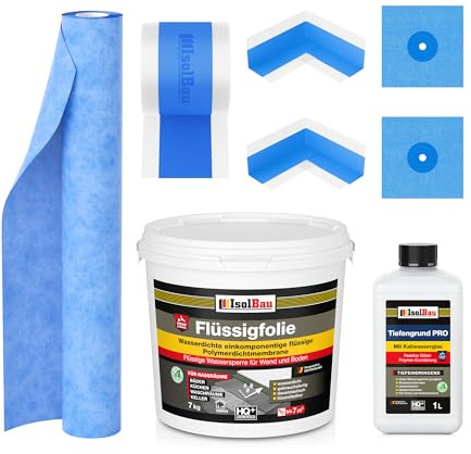 Isolbau Dicht-Set - Inkl. 1x Flüssigfolie (7 kg), 1x Tiefengrund PRO (1 L), 1x Dichtband (5 m), 1x Dichtbahn (2 m), 2x Innenecken & 2x Manschetten