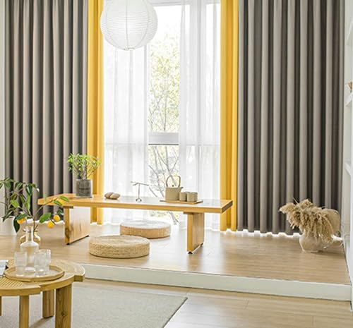 Ayoiow Vorhänge Blickdicht Nach Maß, Thermovorhang Hitzeschutz Mit Ösen, Chenille Vorhänge Wohnzimmer 2Er Set, Hellgrau Gelb, 96X214CM