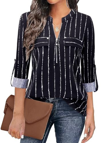 Siddhe Damenmode 3/4 Ärmel Shirt Damen Tunika Elegant Tops V-Ausschnitt Damen Oberteile Reißverschluss Longshirt Arbeit Hemd Longshirt Business Oberteile Schwarz Gestreifte, L