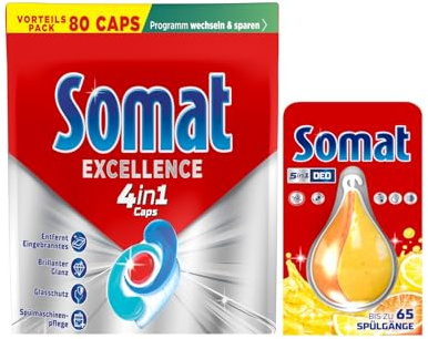 SOMAT 4in1 Caps 77 AW Excellence, schnellauflösende Spülmaschinentabs, für exzellente Reinigung sogar im Eco-Programm + Somat Duo Power Experten Deo Perls 60 AW Zitrone & Orange Duft 17g
