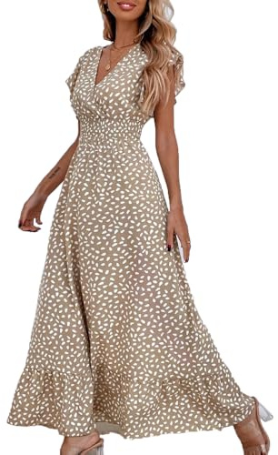BSLVWG Womens Maxi Dress Ruffle Petal Short Sleeve V Neck Floral Flowy Summer Beach Holiday Sundress Casual Elastic High Waist Long Dress (UK, Alpha, M, Regular, Regular, Khaki)