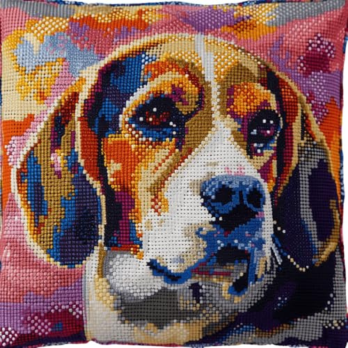 RKFLGEW DIY knüpfen set erwachsene Beagle Tier knüpfkissen Farbiger Hund DIY Haken-Knüpfset，Kissenbezug，Teppich，bedrucktes Kissen，Häkelgarn，Stickerei，Dekoration，Anfänger-Knüpfset 43x43cm