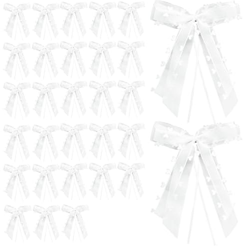 Megcdtr Autoschleifen Hochzeit, 30 Stück Weiß mit Herzen Schleifen, Autoschleifen Antennenschleifen, Hochzeit Schleifen für Hochzeitsdekoration Auto Tisch Zimmer Party Dekoration(22 * 13cm)